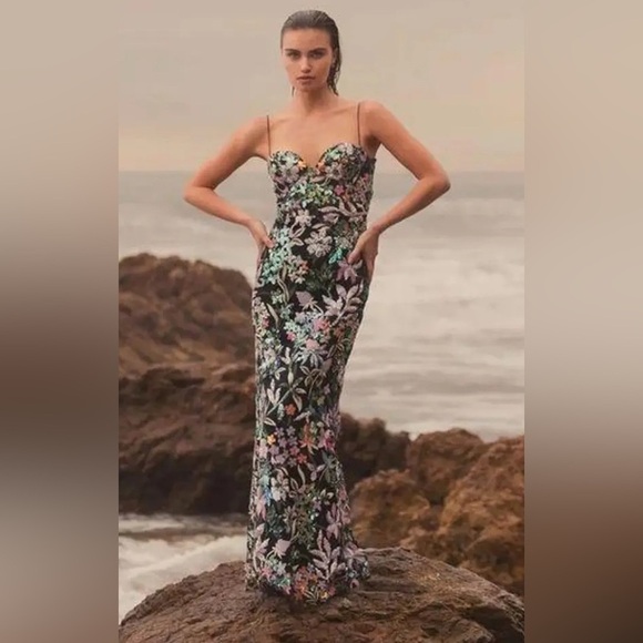 Mac Duggal NEW NWT Spaghetti Strap Bustier Floral Embroidered Appliqué Gown Sz 8 - Picture 1 of 15